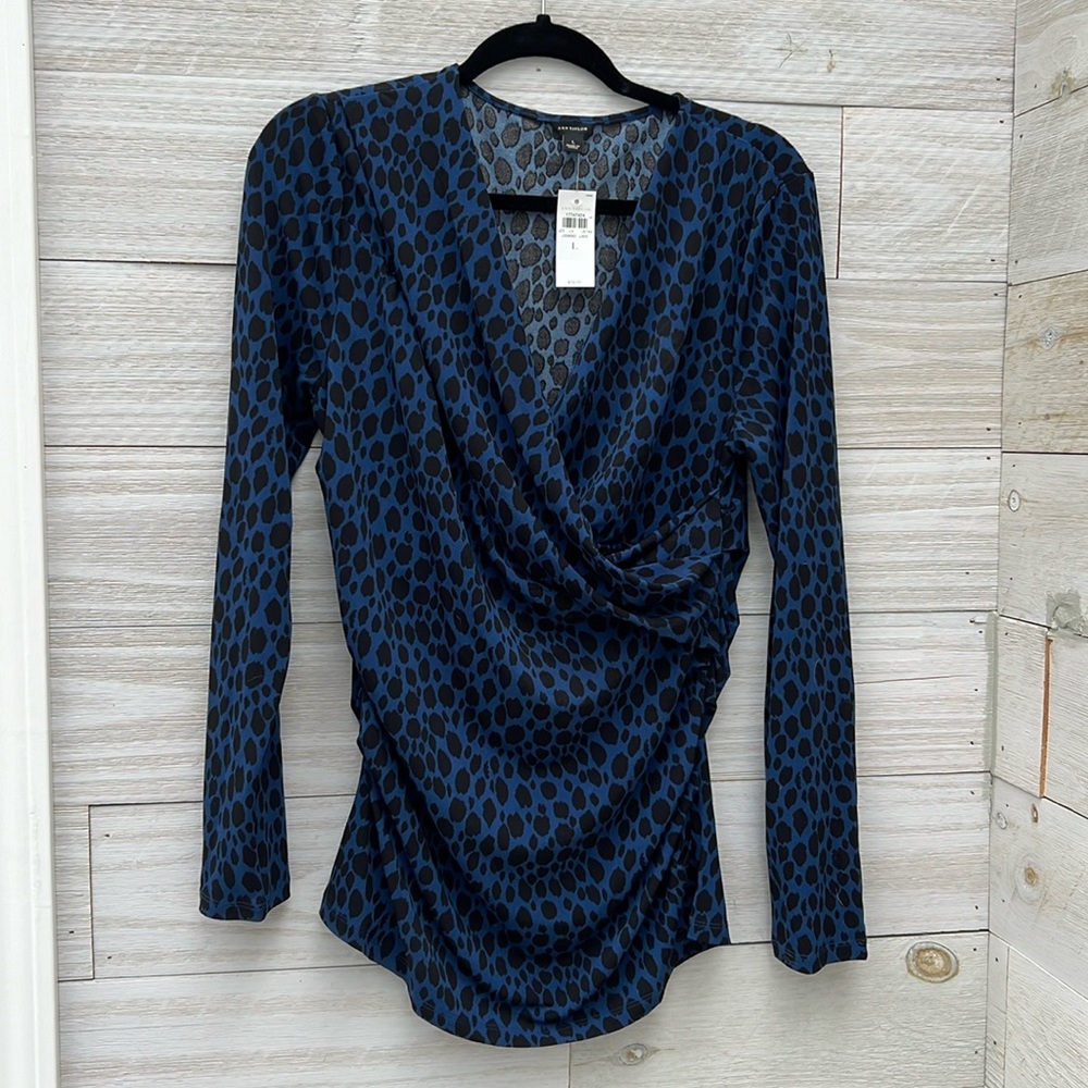 Ann Taylor Blue Cheetah Print Draping Blouse Large LG